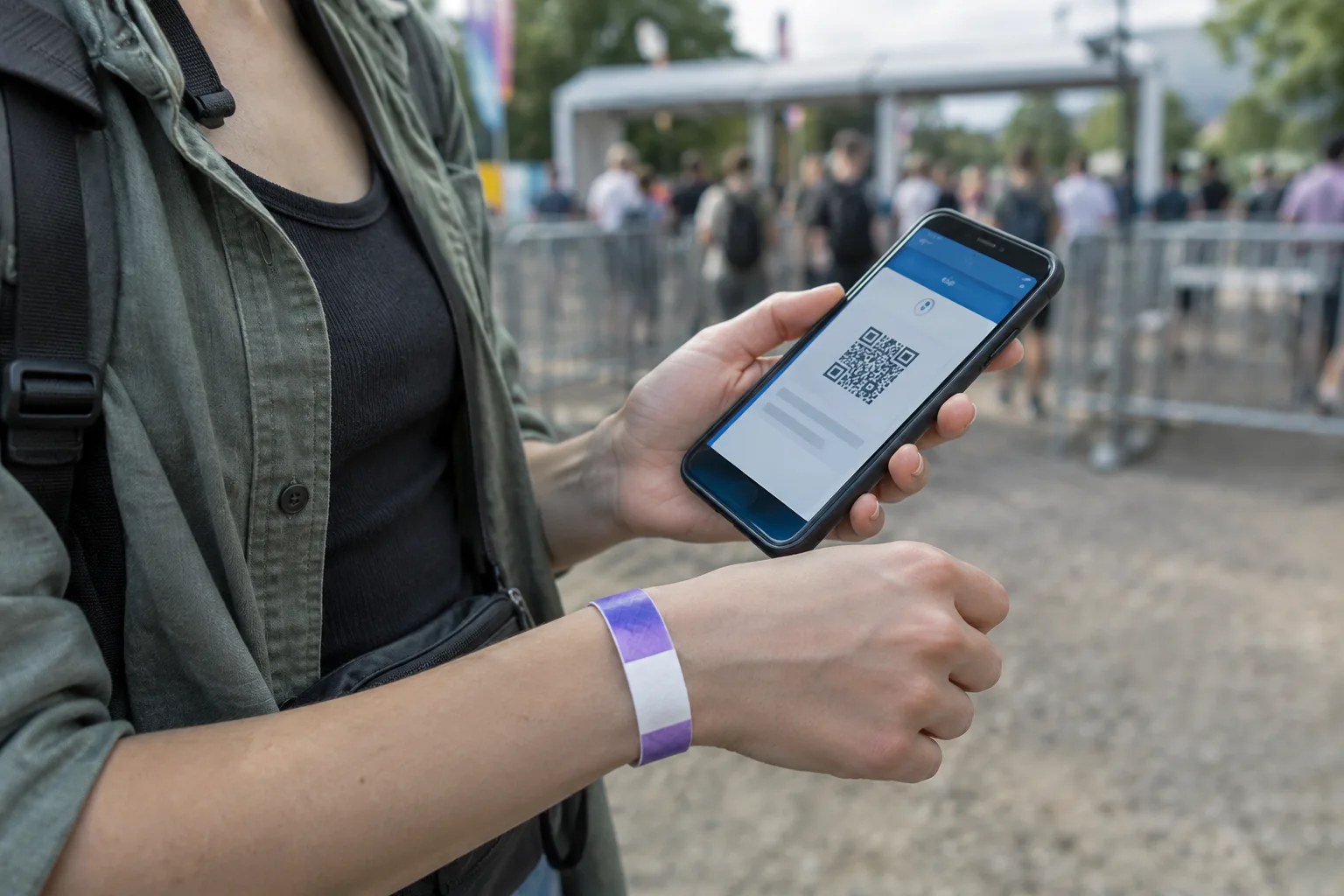 Une personne consulte un billet numérique de festival près d’un bracelet d’accès.