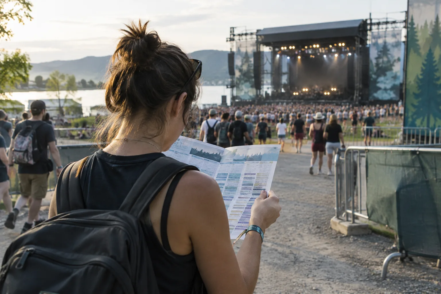 Une personne consulte le programme d’un festival près d’un site de concert en plein air.