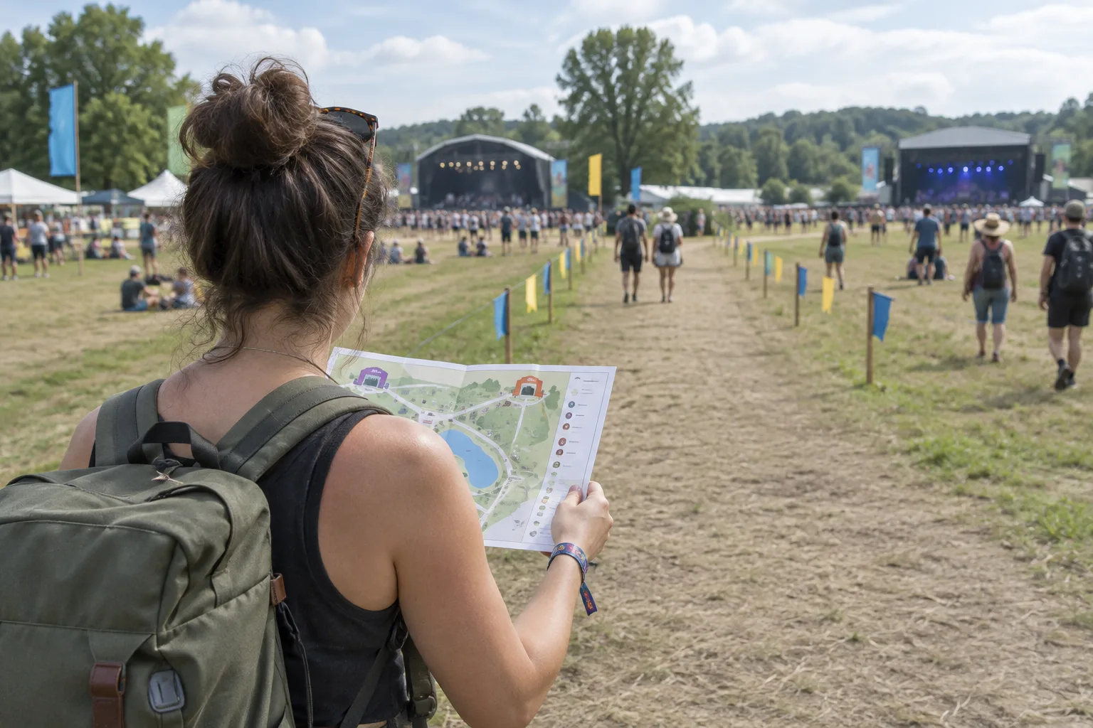 Une personne consulte le plan d’un festival près d’un chemin menant aux scènes.