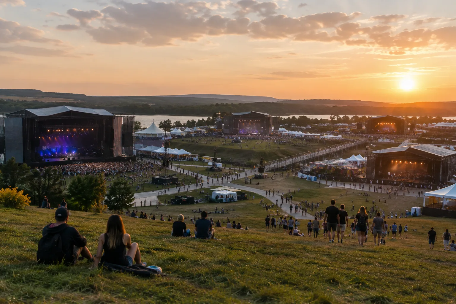 Des festivaliers circulent entre les scènes d’un site de festival en plein air.