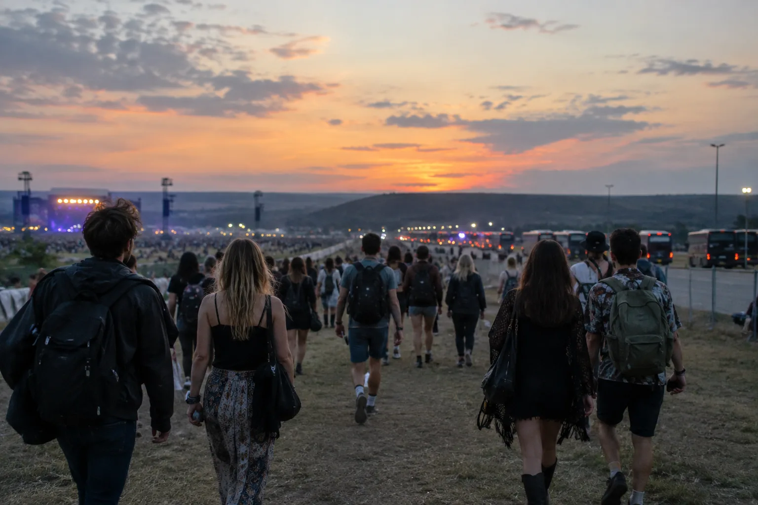 Des festivaliers quittent un événement en plein air à la tombée du jour.