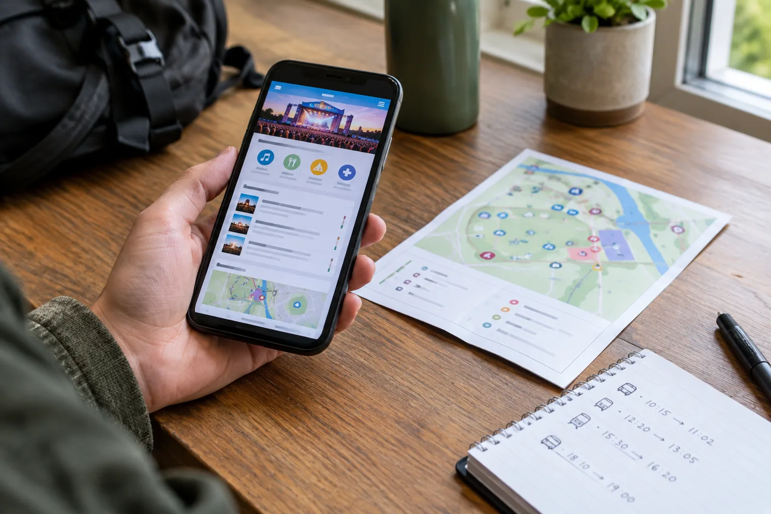 Un téléphone, un plan et des notes sont réunis pour préparer une sortie en festival.