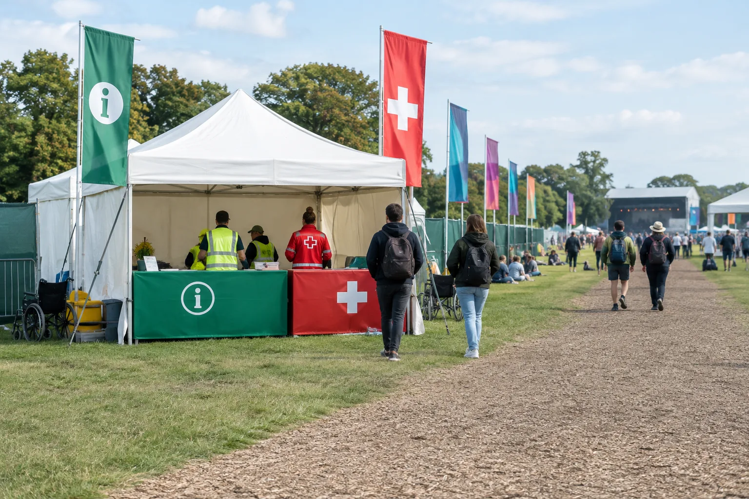 Un espace d’accueil et de secours est installé au milieu d’un site de festival.