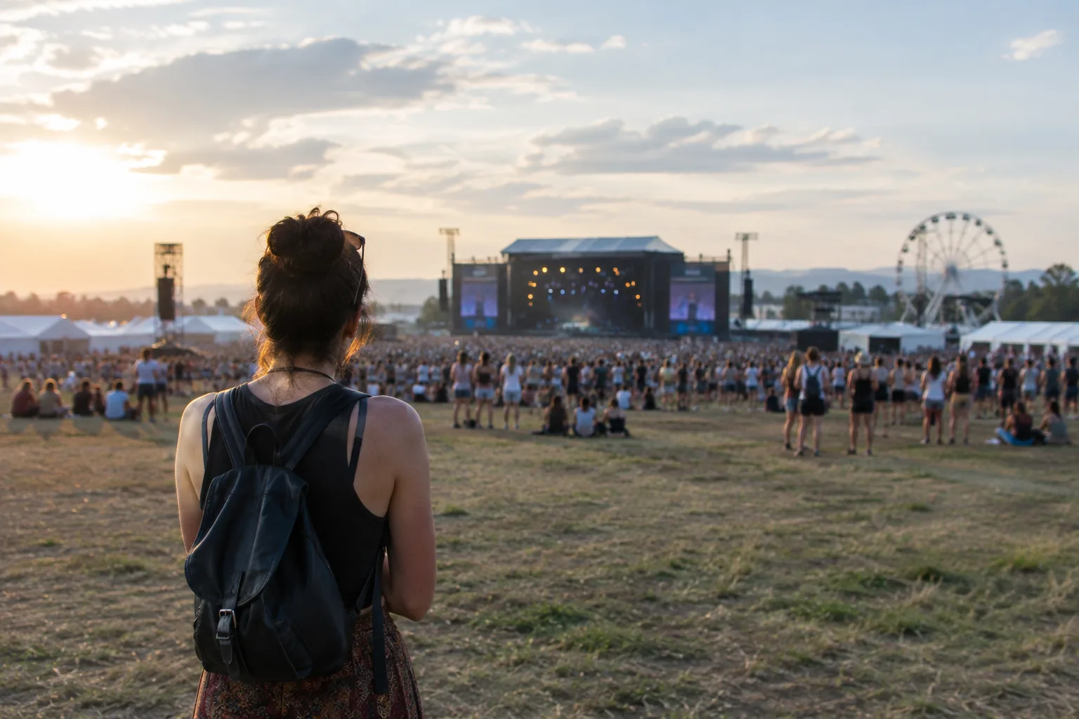 Une personne vue de dos observe une scène de festival depuis la foule.
