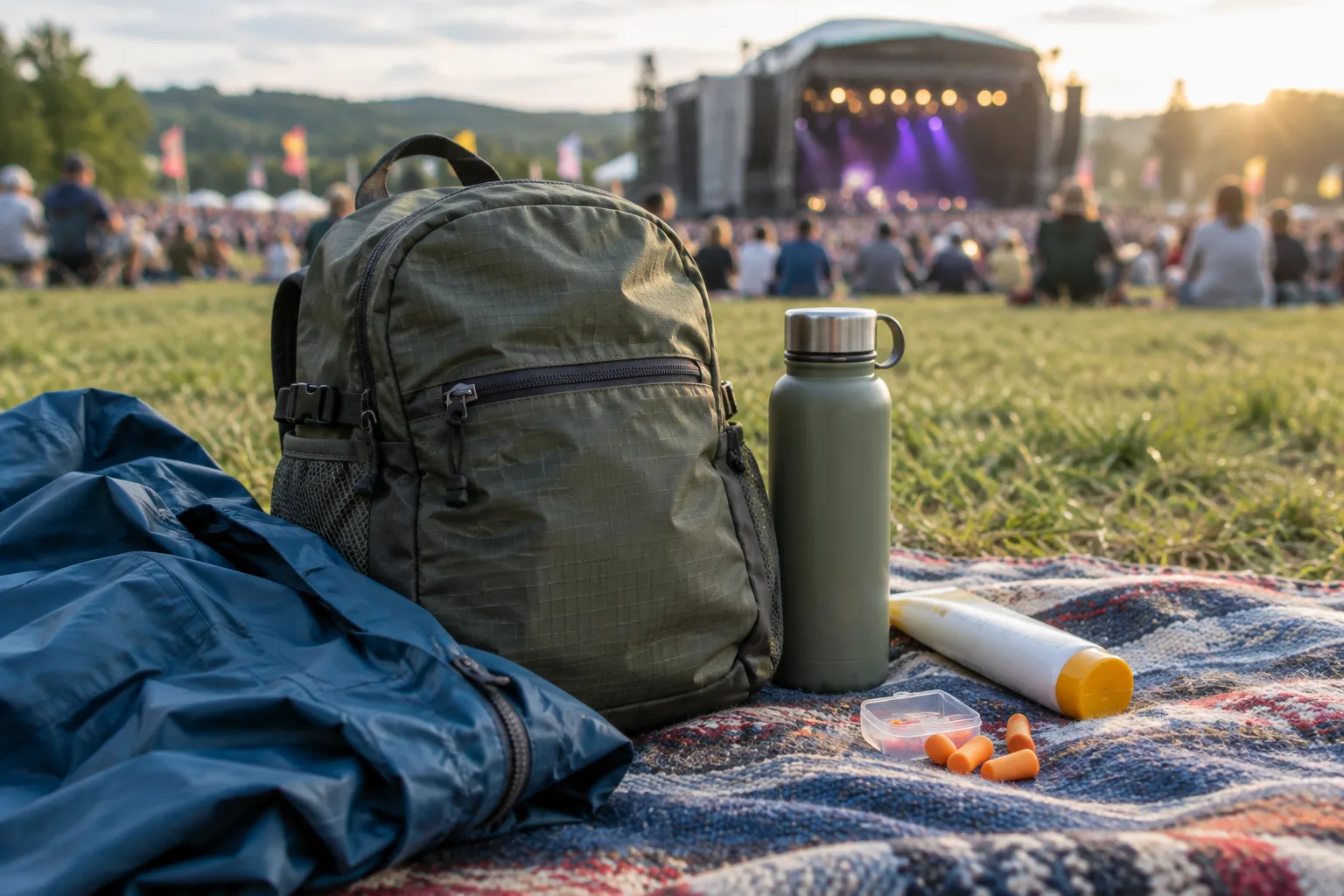 Un sac de journée et quelques affaires pratiques installés sur une couverture lors d’un festival en plein air.